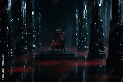 Royal throne placed at the center of dark gothic palace surrounded by black marble pillars

