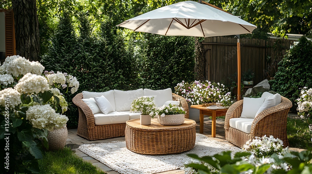 Fototapeta premium Sunlit patio features white umbrella shading wicker furniture with cushions, surrounded by lush garden flowers. Wooden coffee table completes this tranquil outdoor living space.