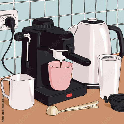 Coffee Machine in a Countertop Illustration