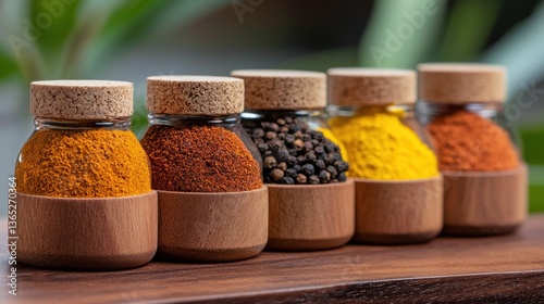 Fototapeta Naklejka Na Ścianę i Meble -  A collection of spice jars with wooden lids and cork stoppers, filled with various spices.