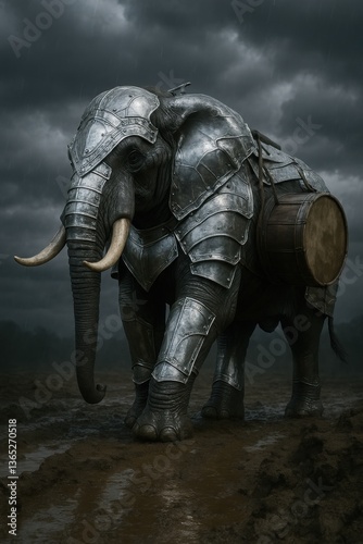 Armored war elephant approaching through muddy terrain under dramatic storm clouds

