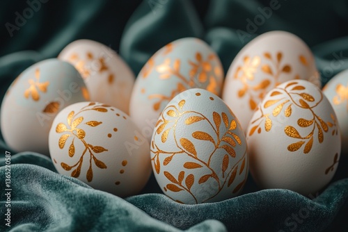 Obraz na płótnie A close-up shot of a gilded, patterned Easter egg. Generative AI
w salonie