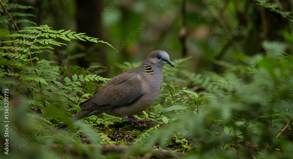 Luzon Bleeding-Heart Dove Perched Amidst Lush Ferns and Verdant Foliage