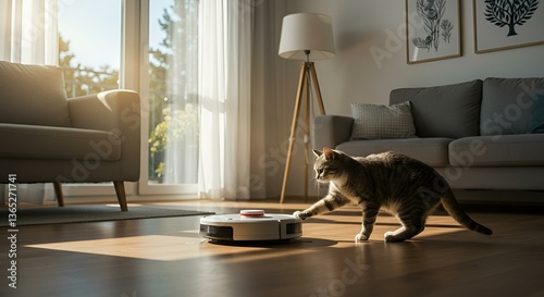AI generative Robot vacuum cleaner and cat
