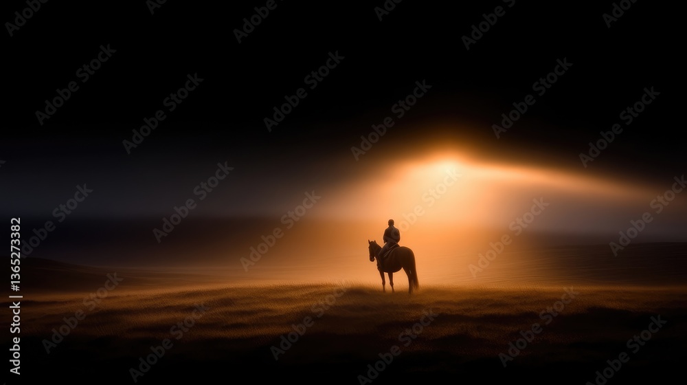 Fototapeta premium Silhouette of a lone rider on a horse at dawn. A solitary figure on horseback, bathed in the golden light of sunrise, traverses a misty, desolate plain