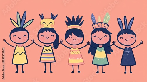 Happy Children in Colorful Native American Costumes