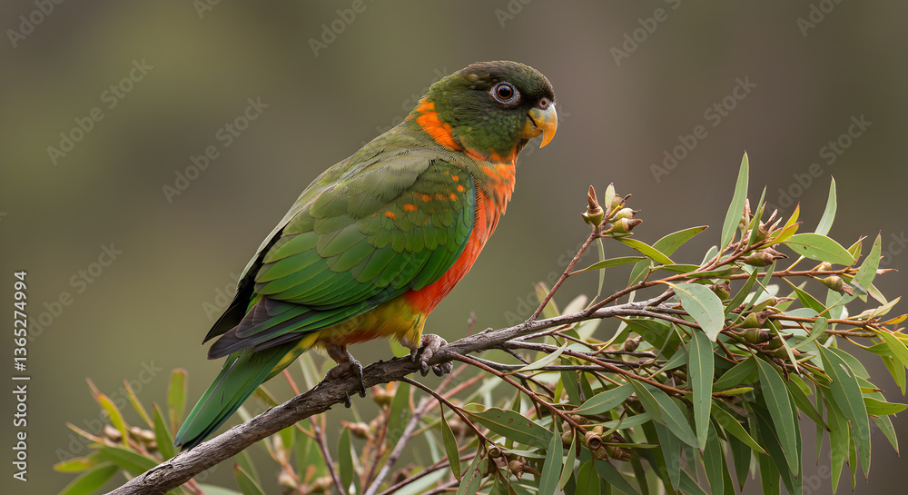 Fototapeta premium Orange-bellied Parrot Resting on a Branch, Tasmania's Endangered Beauty