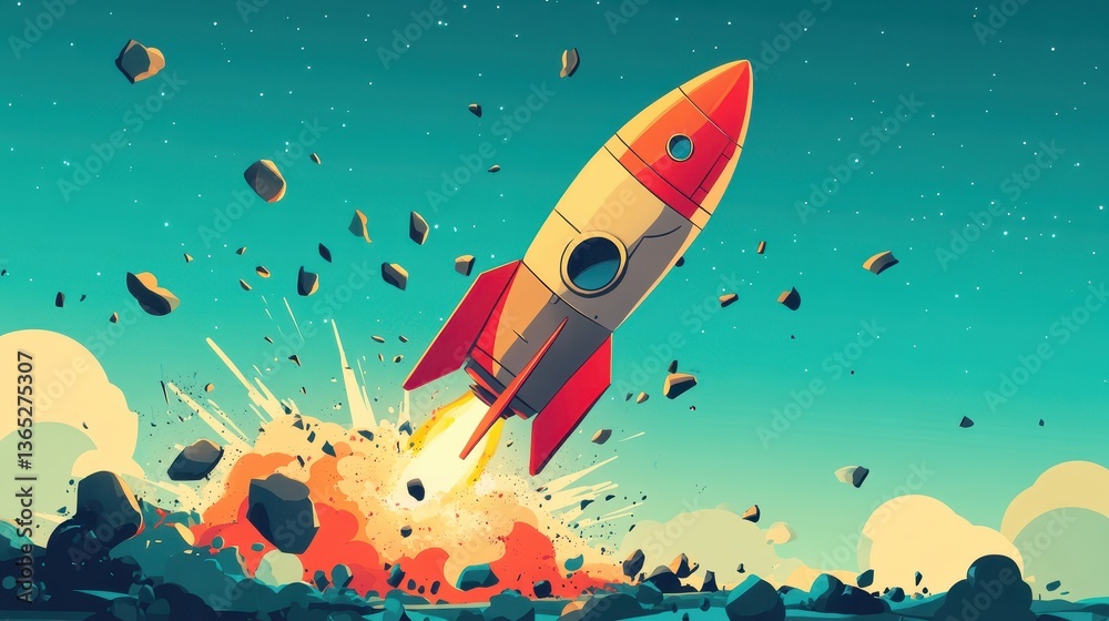 A vibrant rocket launching into space amidst explosive action. A vibrant rocket launching into space amidst explosive action.