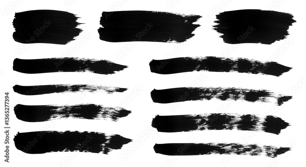 Black paint strokes set for design elements featuring brush strokes ink strokes and abstract paint marks on white background Black paint strokes set for design elements featuring brush strokes ink strokes and abstract paint marks on white background