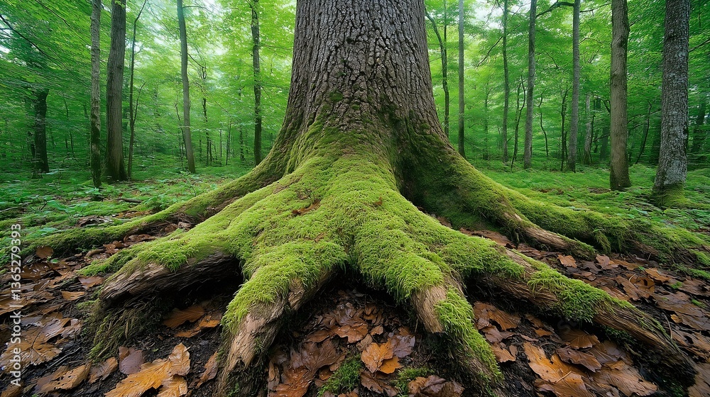 Fototapeta premium Exploring roots of ancient trees in lush forest nature photography tranquil environment