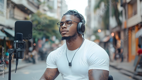 Man in headphones, street recording photo