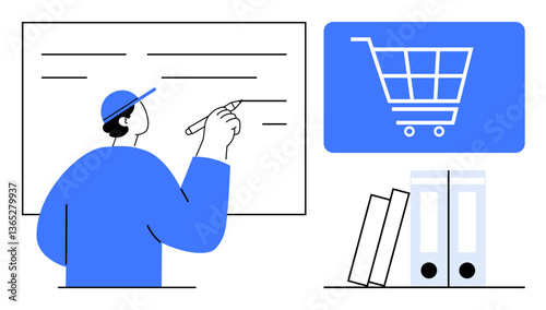 Person writing on a board, blue shopping cart graphic, and office folders. Ideal for e-commerce, business strategy, online shopping, planning, education, productivity teamwork flat simple metaphor