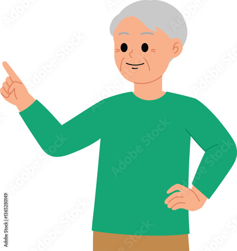 smiling  senior man pointing finger to presenting illustration