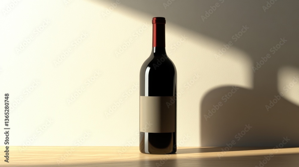Fototapeta premium A bottle of Merlot wine, standing proudly on a light wood surface with a subtle shadow, isolated on a clean white background.
