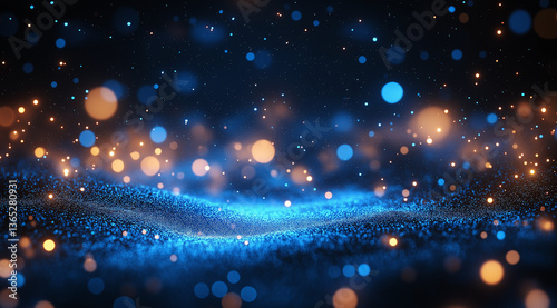 Dark blue background with glowing particles and stars