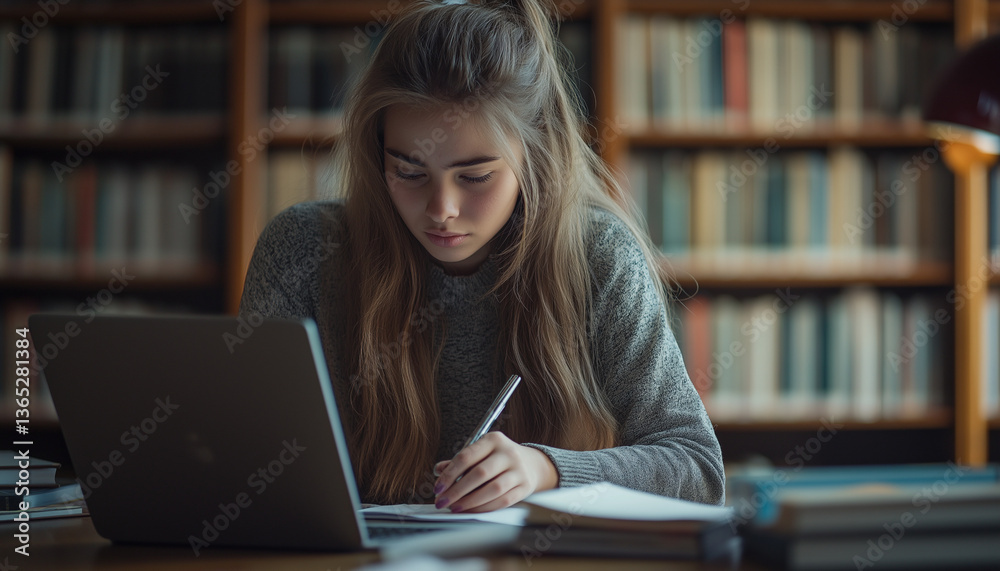 Focused Student Studying in Library with Laptop and Books Focused Student Studying in Library with Laptop and Books