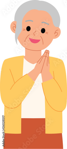 smiling senior woman palm together with impressive illustration