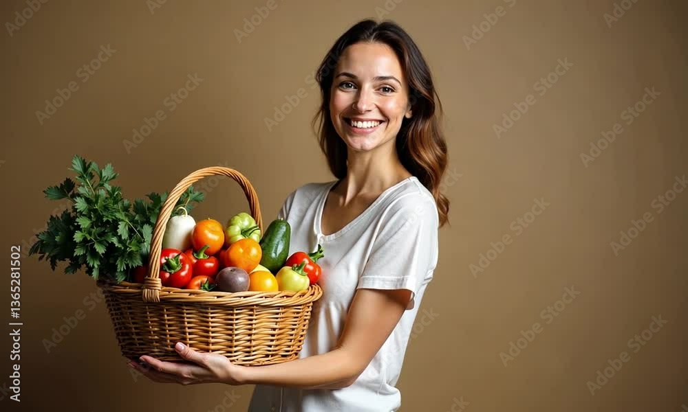 Smiling European Woman Holding a Basket Full of Groceries for Dinner Preparation Smiling European Woman Holding a Basket Full of Groceries for Dinner Preparation
