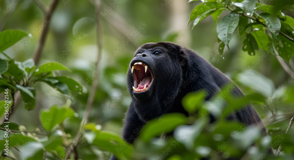 Fototapeta premium Majestic Mantled Howler Monkey Roaring Loudly Amidst Lush Tropical Foliage