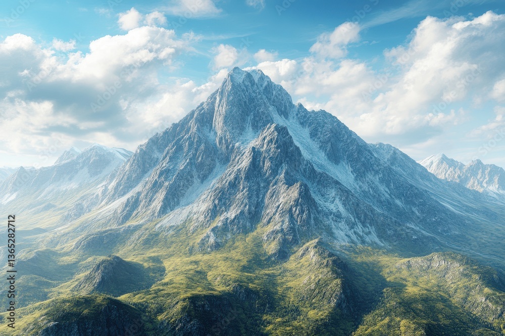 Fototapeta premium Majestic mountain peak surrounded by lush greenery under a blue sky with scattered clouds