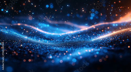 Dark blue background with glowing particles and stars