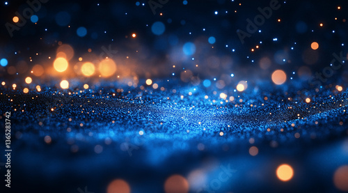 Dark blue background with glowing particles and stars