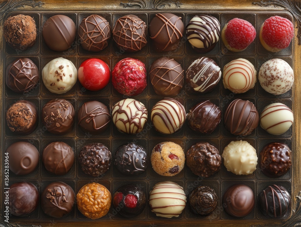 Obraz premium Selection of Gourmet Chocolate Truffles with Various Flavors in an Elegant Box