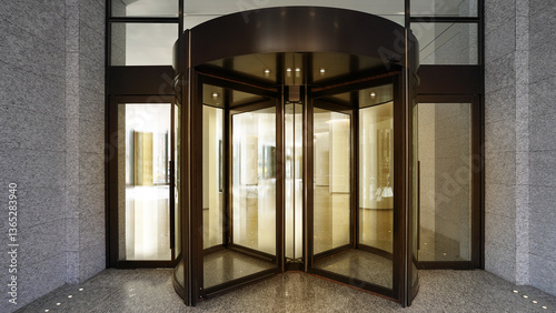 Billede på lærred Modern Building Entrance with Glass Revolving Door – Hotel & Corporate Lobby