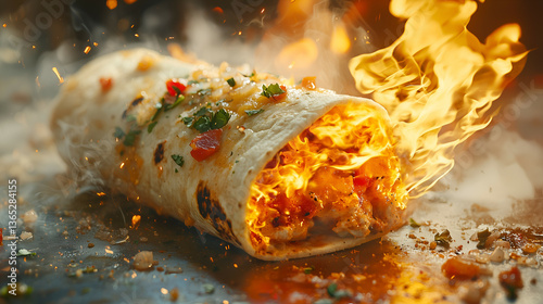 Fiery Spicy Grilled Mexican Burritos: Delicious Smoked Barbecue Street Food with Cheesy Ingredients and Visual Appeal