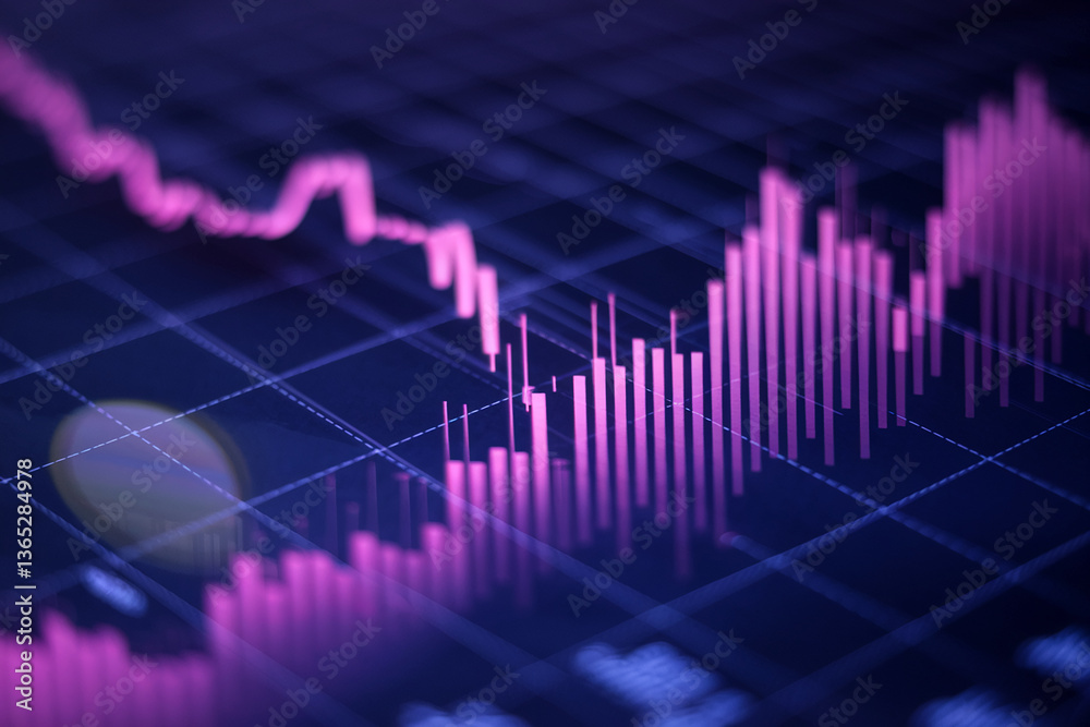 Naklejka premium Abstract image of pink and purple financial chart, showing stock market data, representing growth, investment, and economic trends, suitable for business or finance presentations