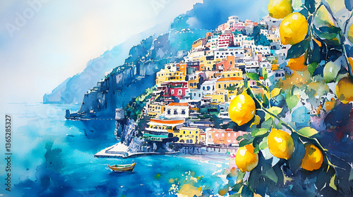 Stunning Watercolor Amalfi Coast Scene
