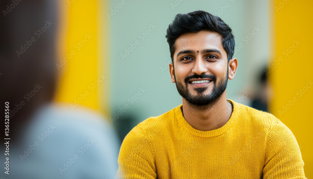 Obraz premium smiling young man in bright yellow sweater engages in friendly conversation, radiating warmth and positivity in modern setting