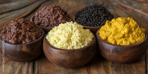 Different colored dishes of food sit on wooden surface