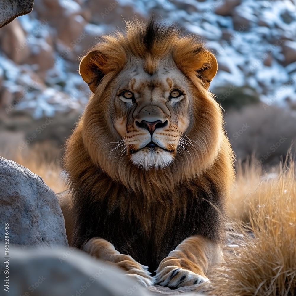 Obraz premium Majestic lion resting in rocky desert landscape