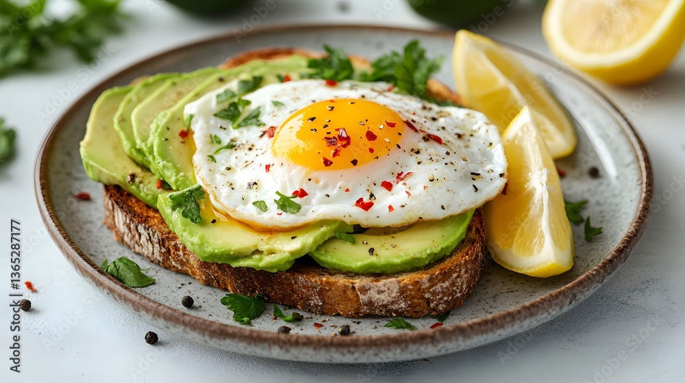 Gourmet breakfast showcases poached egg on avocado toast with golden yolk, fresh herbs, and lemon wedges. Rustic ceramic plate holds creamy avocado slices arranged artistically, in natural light. Gourmet breakfast showcases poached egg on avocado toast with golden yolk, fresh herbs, and lemon wedges. Rustic ceramic plate holds creamy avocado slices arranged artistically, in natural light.