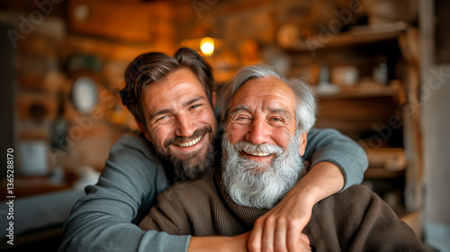 Wallpaper Mural A heartfelt moment of a man hugging his gray-haired father, symbolizing love, family bond, and generational connection, perfect for themes of affection and family relationships Torontodigital.ca