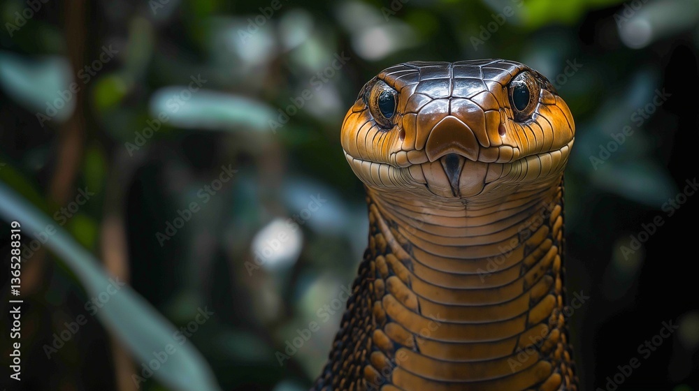 Fototapeta premium King cobra staring in dense jungle foliage.