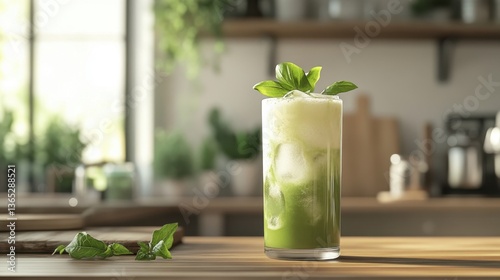 A cold matcha iced tea in a tall glass, topped with frothy milk and ice, placed on a modern wooden countertop.