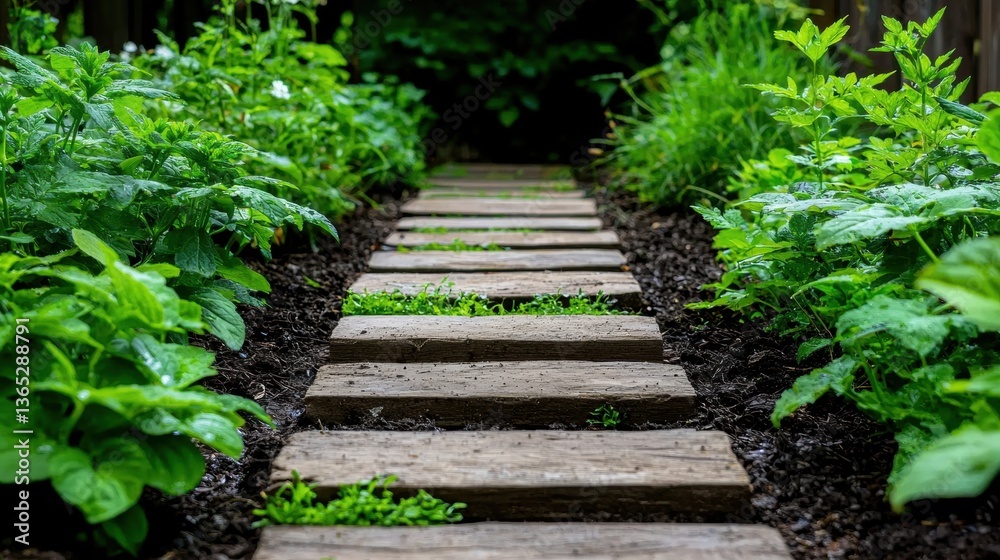 A wooden pathway winds through a lush garden, surrounded by vibrant green plants and shrubs. A wooden pathway winds through a lush garden, surrounded by vibrant green plants and shrubs.