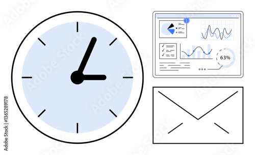 Clock representing time, dashboard displaying analytics, envelope symbolizing communication. Ideal for productivity, data analysis, scheduling, communication, workflow digital tools teamwork. Flat