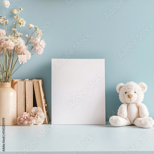 Blank white card mockup with dried flowers and neutral tones