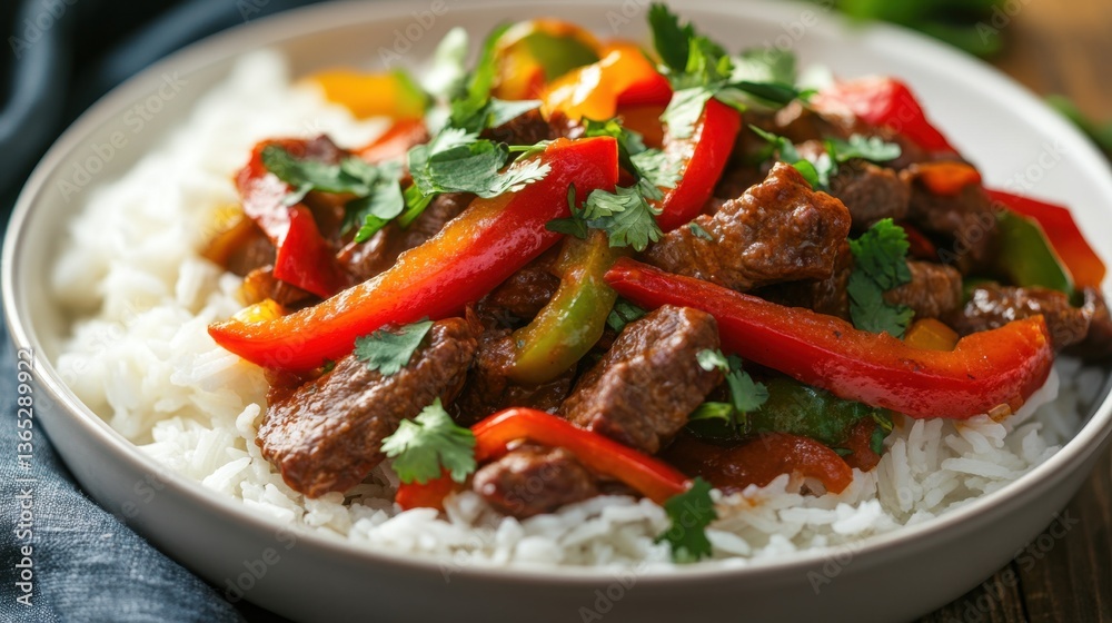 A delicious Thai red curry with beef, bell peppers, and coconut milk, garnished with cilantro and served with steamed rice. A delicious Thai red curry with beef, bell peppers, and coconut milk, garnished with cilantro and served with steamed rice.