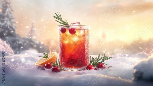 A festive holiday-themed soda with cranberry and orange flavors, garnished with rosemary and cranberries, set against a winter backdrop.