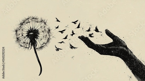 A dandelion releasing birds from its fluffy seed head design