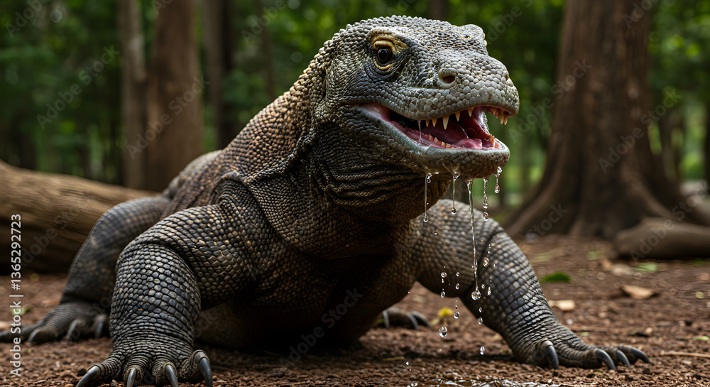 Obraz premium Komodo Dragon Close-up: Intricate Scales and Dripping Saliva in Natural Habitat