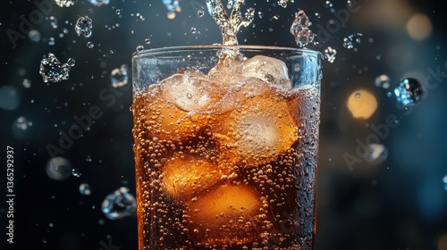 A fun and playful soda fountain machine dispensing a fizzy drink into a glass, with bubbles and ice overflowing.