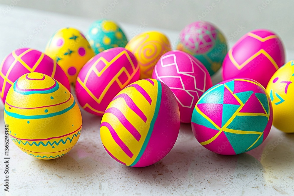 Fototapeta premium Close-up picture of an Easter egg patterned using red, yellow, and mint colors. Generative AI 