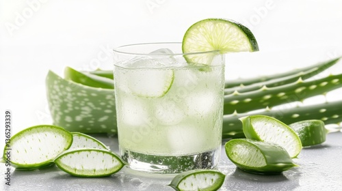 A glass of fresh aloe vera juice with ice, garnished with a lime wedge, placed on a clean, minimalist background.