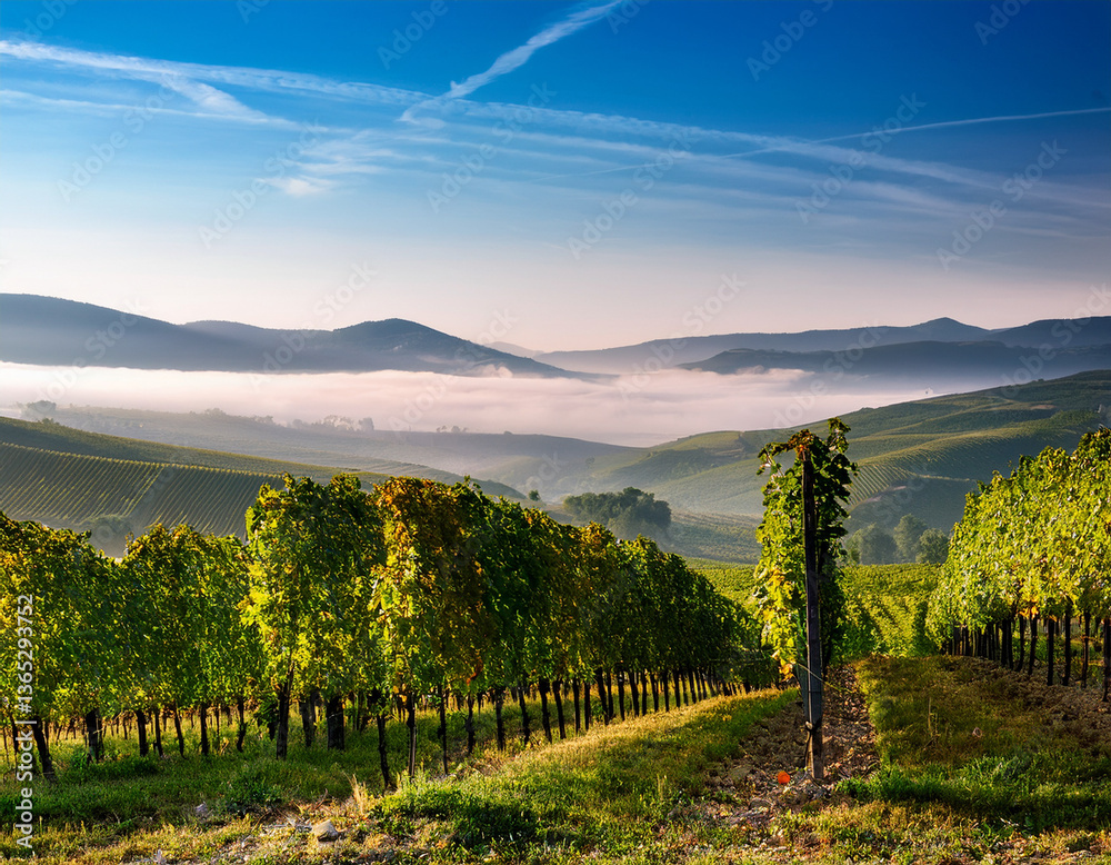 Fototapeta premium Rows of Romanian grapevines stretching across rolling hills with distant mountains visible through a morning mist.