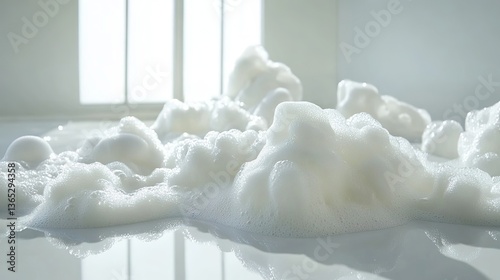 Piles of fluffy white soap foam create a soft, bubbly landscape on a reflective floor in a bright room with windows visible in the background.